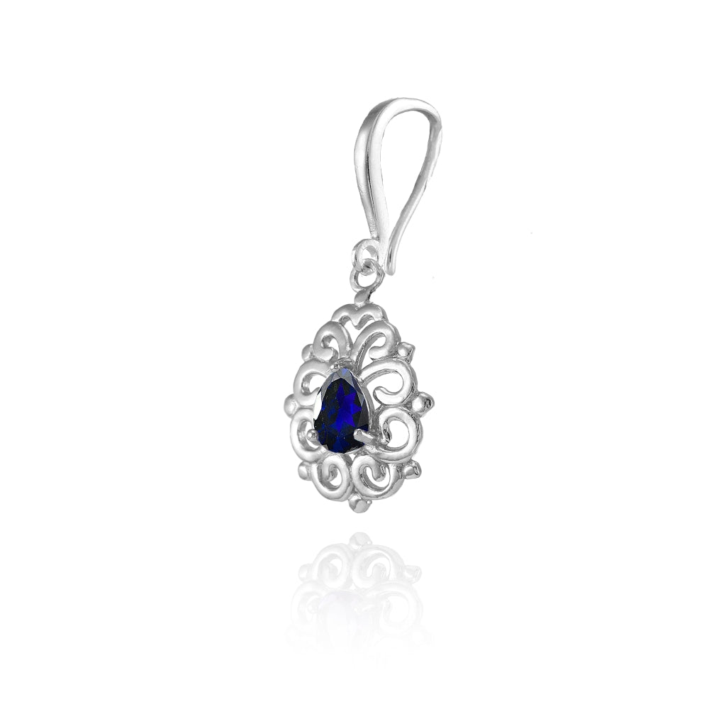 Sterling Silver Created Blue Sapphire 6x4mm Teardrop Filigree Dainty Dangle Earrings-3