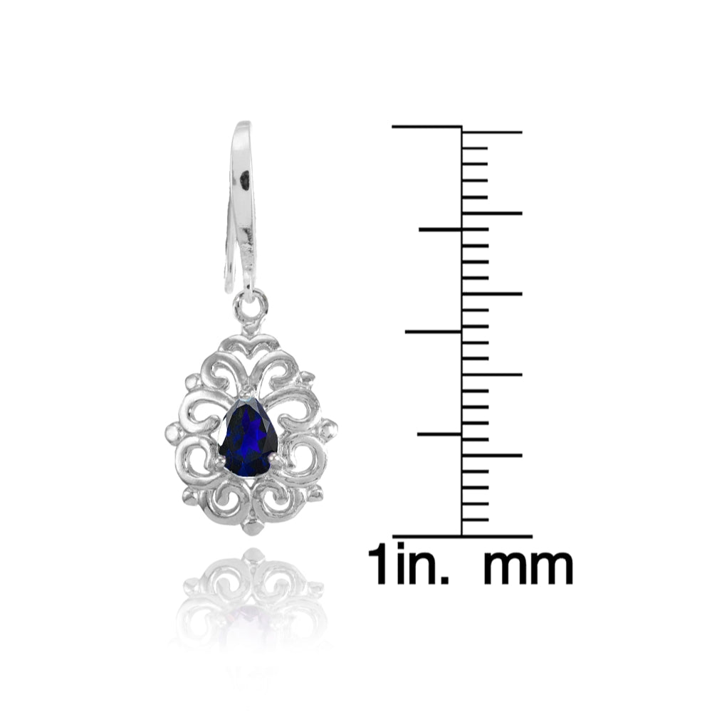 Sterling Silver Created Blue Sapphire 6x4mm Teardrop Filigree Dainty Dangle Earrings-4