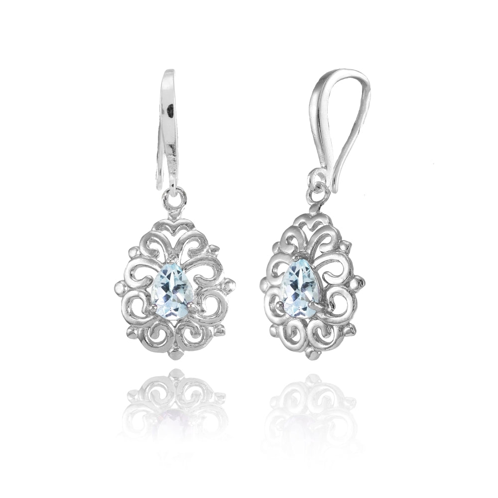 Sterling Silver Blue Topaz 6x4mm Teardrop Filigree Dainty Dangle Earrings