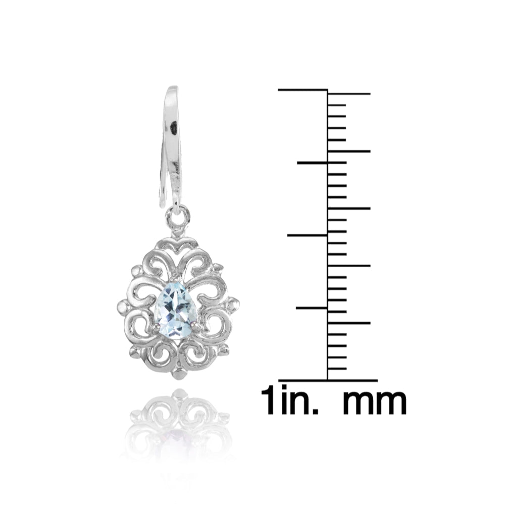 Sterling Silver Blue Topaz 6x4mm Teardrop Filigree Dainty Dangle Earrings-4