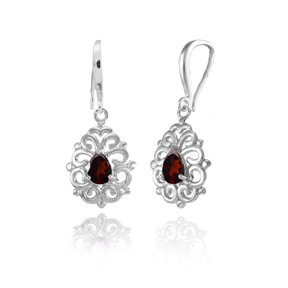 Sterling Silver Garnet 6x4mm Teardrop Filigree Dainty Dangle Earrings