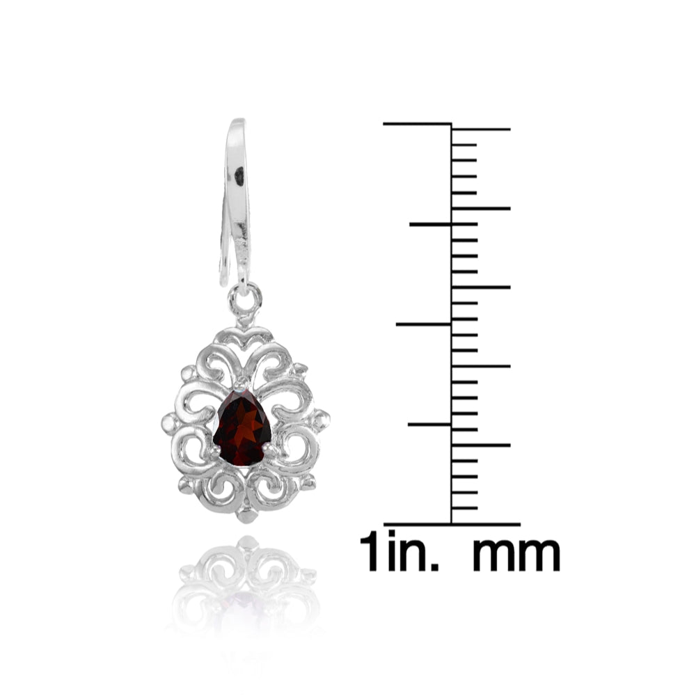 Sterling Silver Garnet 6x4mm Teardrop Filigree Dainty Dangle Earrings-4