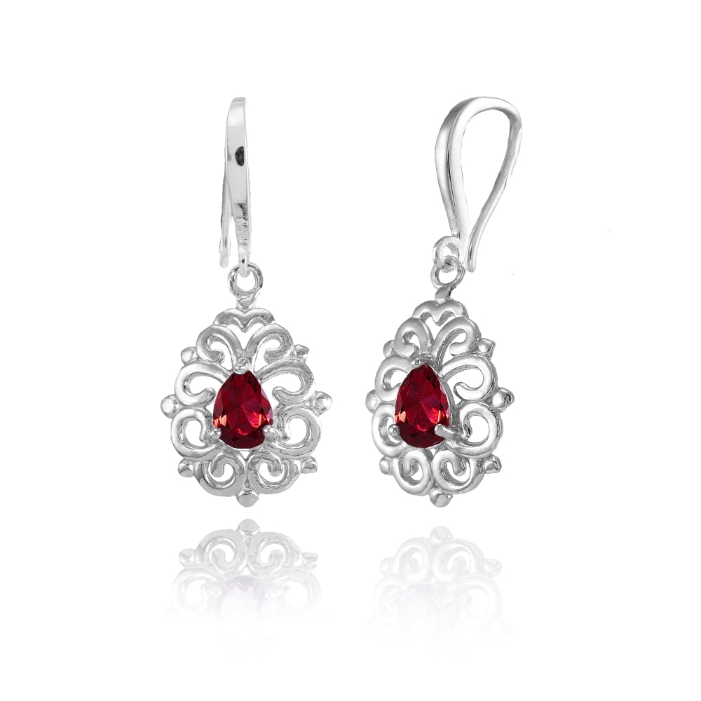 Sterling Silver Created Ruby 6x4mm Teardrop Filigree Dainty Dangle Earrings