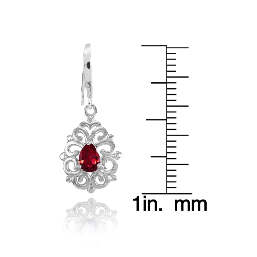 Sterling Silver Created Ruby 6x4mm Teardrop Filigree Dainty Dangle Earrings-4