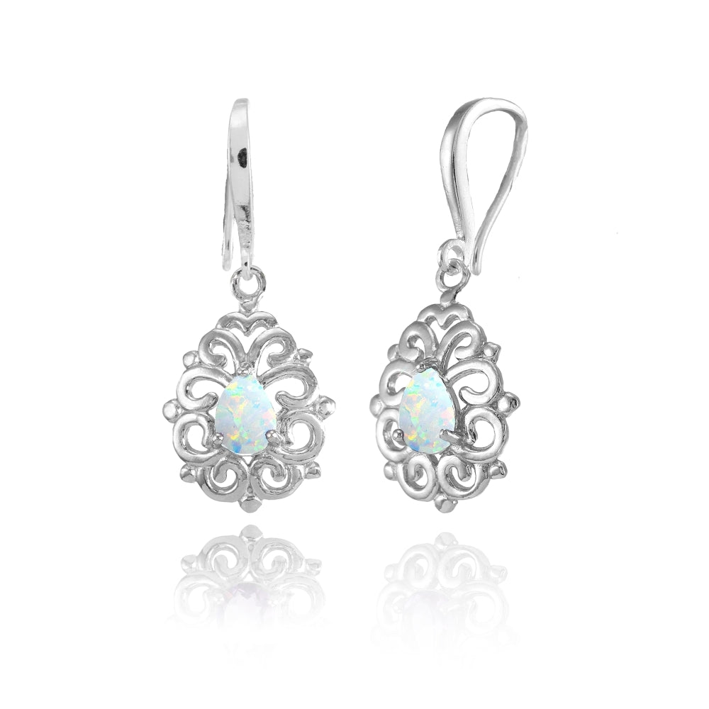 Sterling Silver Created White Opal 6x4mm Teardrop Filigree Dainty Dangle Earrings