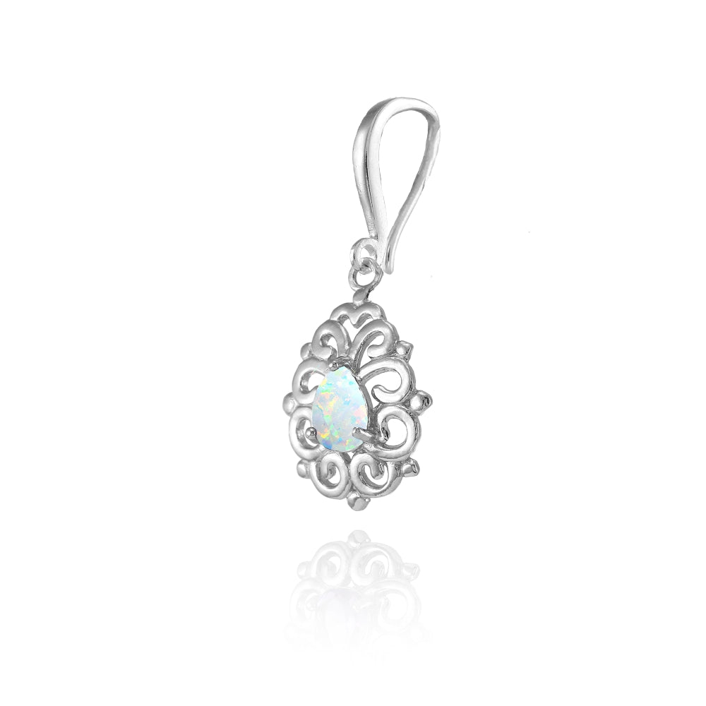 Sterling Silver Created White Opal 6x4mm Teardrop Filigree Dainty Dangle Earrings-3