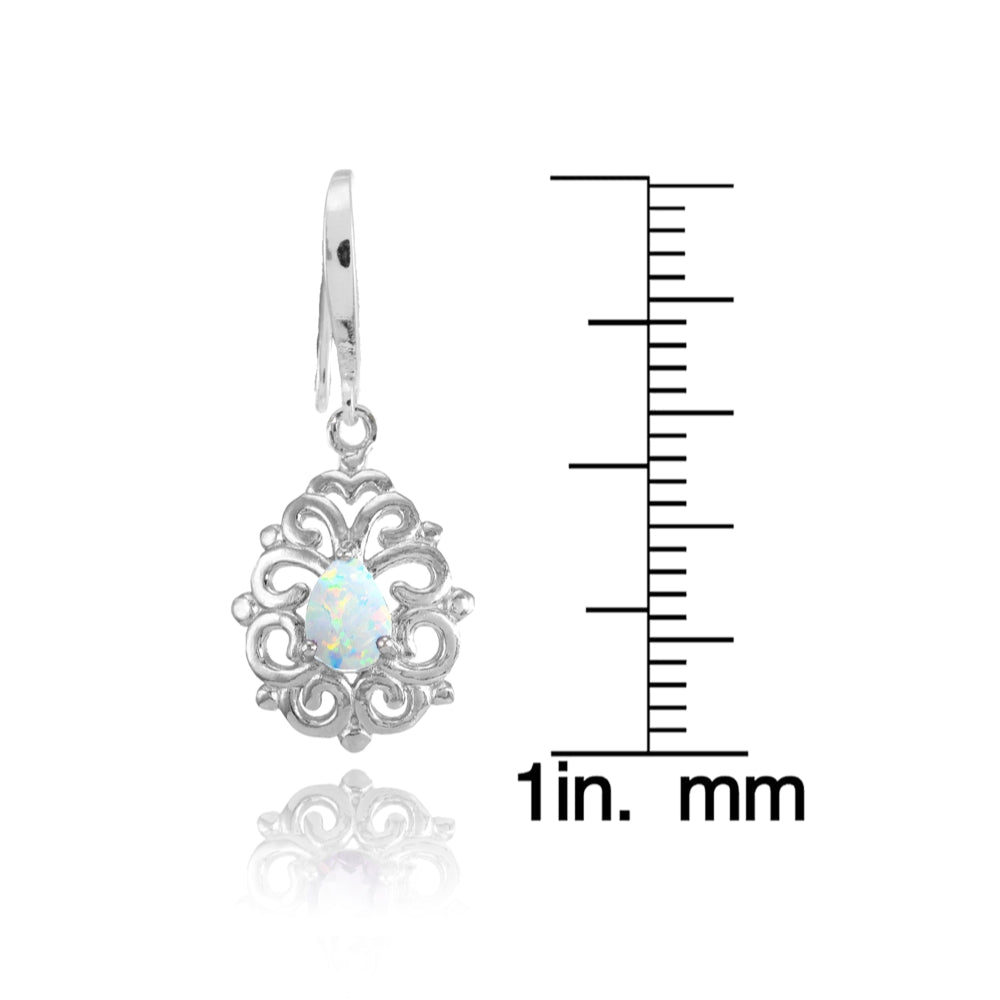 Sterling Silver Created White Opal 6x4mm Teardrop Filigree Dainty Dangle Earrings-4