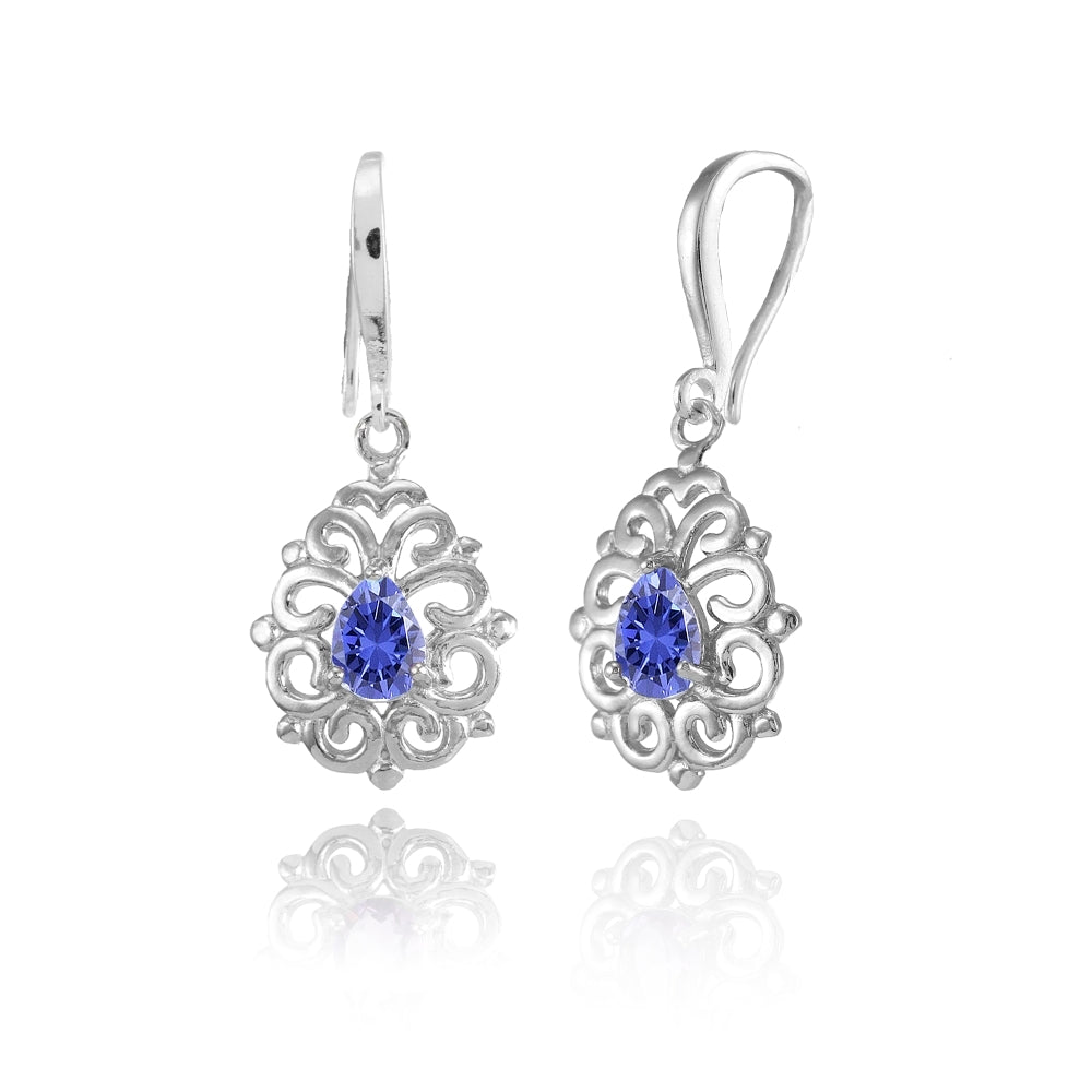 Sterling Silver Tanzanite 6x4mm Teardrop Filigree Dainty Dangle Earrings