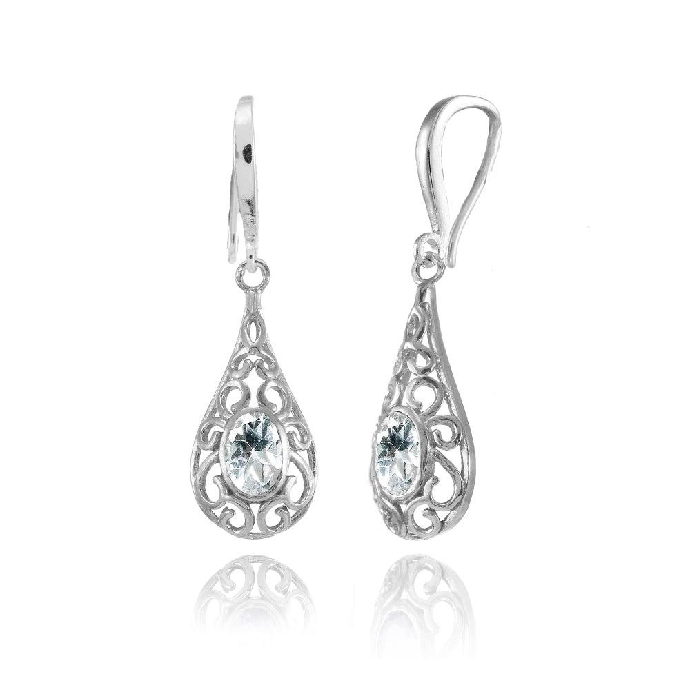 Sterling Silver Aquamarine 6x4mm Oval Filigree Teardrop Dangle Earrings