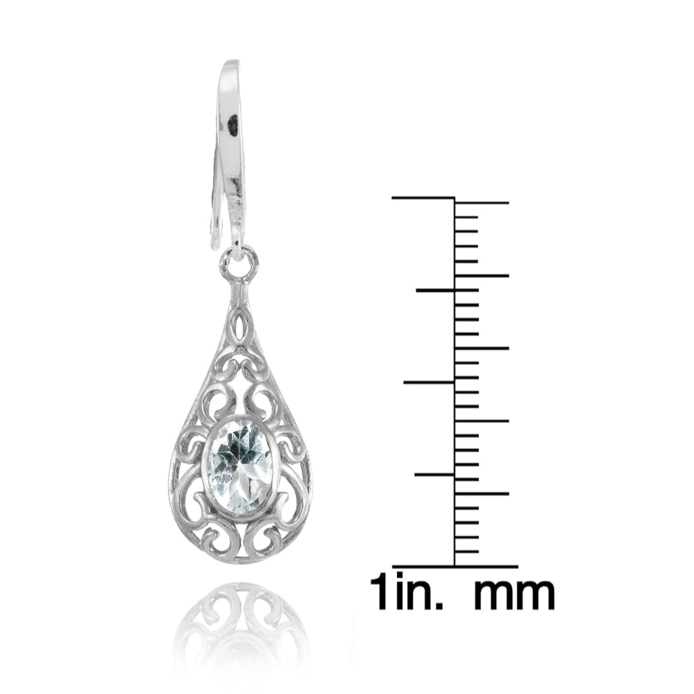 Sterling Silver Aquamarine 6x4mm Oval Filigree Teardrop Dangle Earrings-4