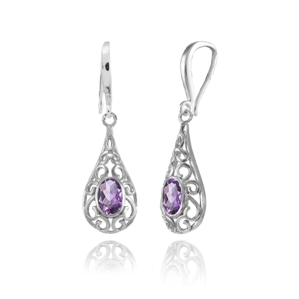 Sterling Silver Amethyst 6x4mm Oval Filigree Teardrop Dangle Earrings