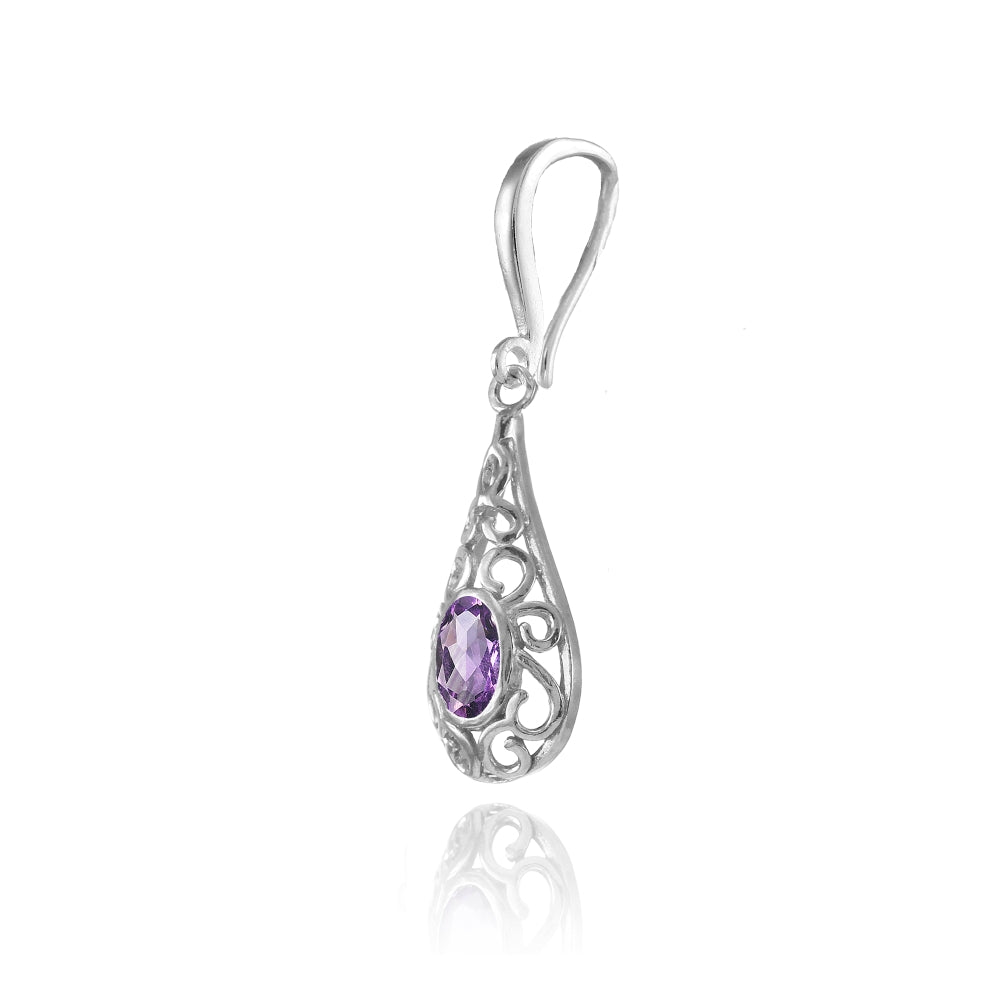 Sterling Silver Amethyst 6x4mm Oval Filigree Teardrop Dangle Earrings-3