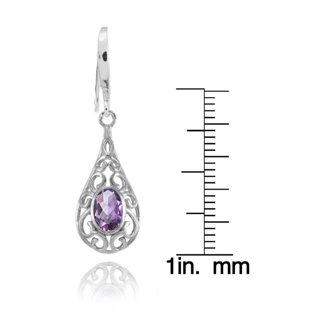 Sterling Silver Amethyst 6x4mm Oval Filigree Teardrop Dangle Earrings-4