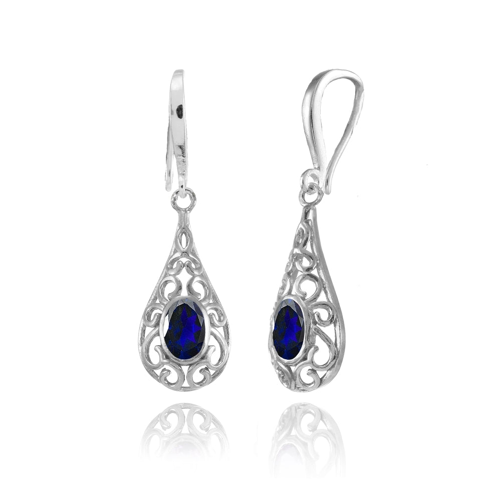 Sterling Silver Created Blue Sapphire 6x4mm Oval Filigree Teardrop Dangle Earrings