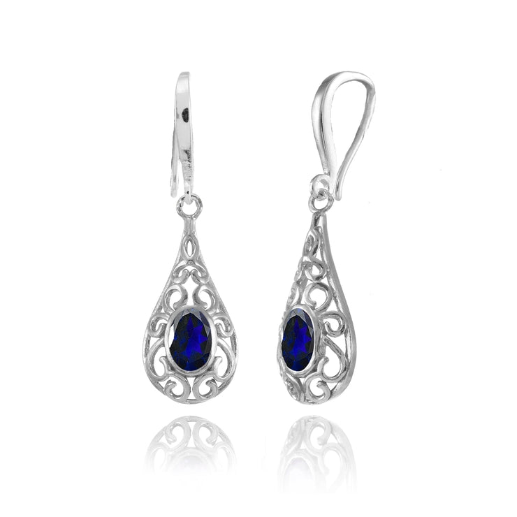 Sterling Silver Created Blue Sapphire 6x4mm Oval Filigree Teardrop Dangle Earrings