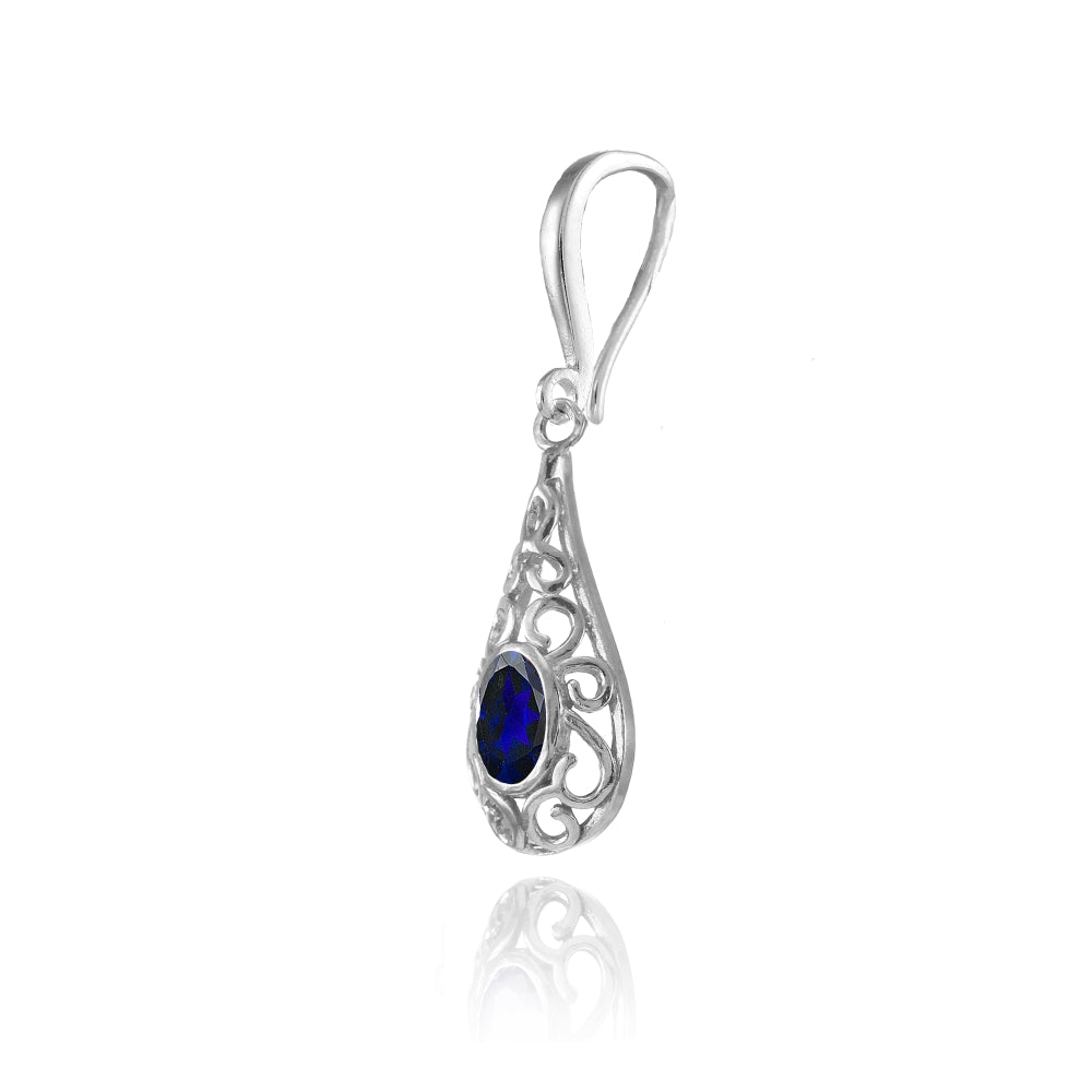 Sterling Silver Created Blue Sapphire 6x4mm Oval Filigree Teardrop Dangle Earrings-3