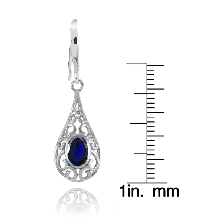 Sterling Silver Created Blue Sapphire 6x4mm Oval Filigree Teardrop Dangle Earrings