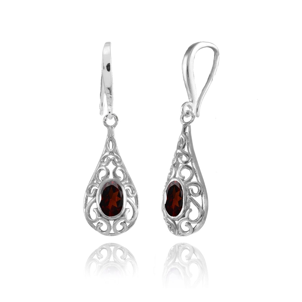 Sterling Silver Garnet 6x4mm Oval Filigree Teardrop Dangle Earrings