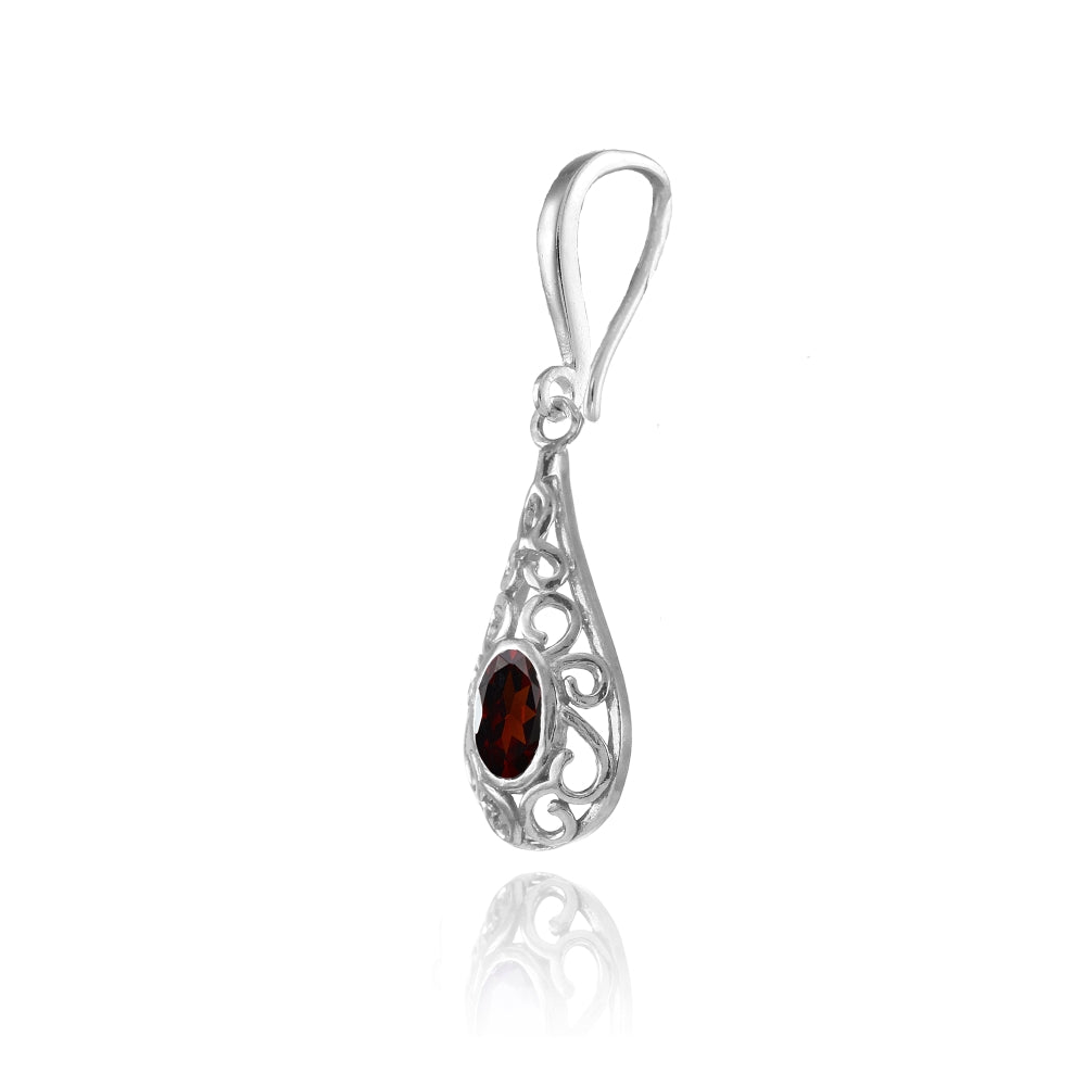 Sterling Silver Garnet 6x4mm Oval Filigree Teardrop Dangle Earrings-3