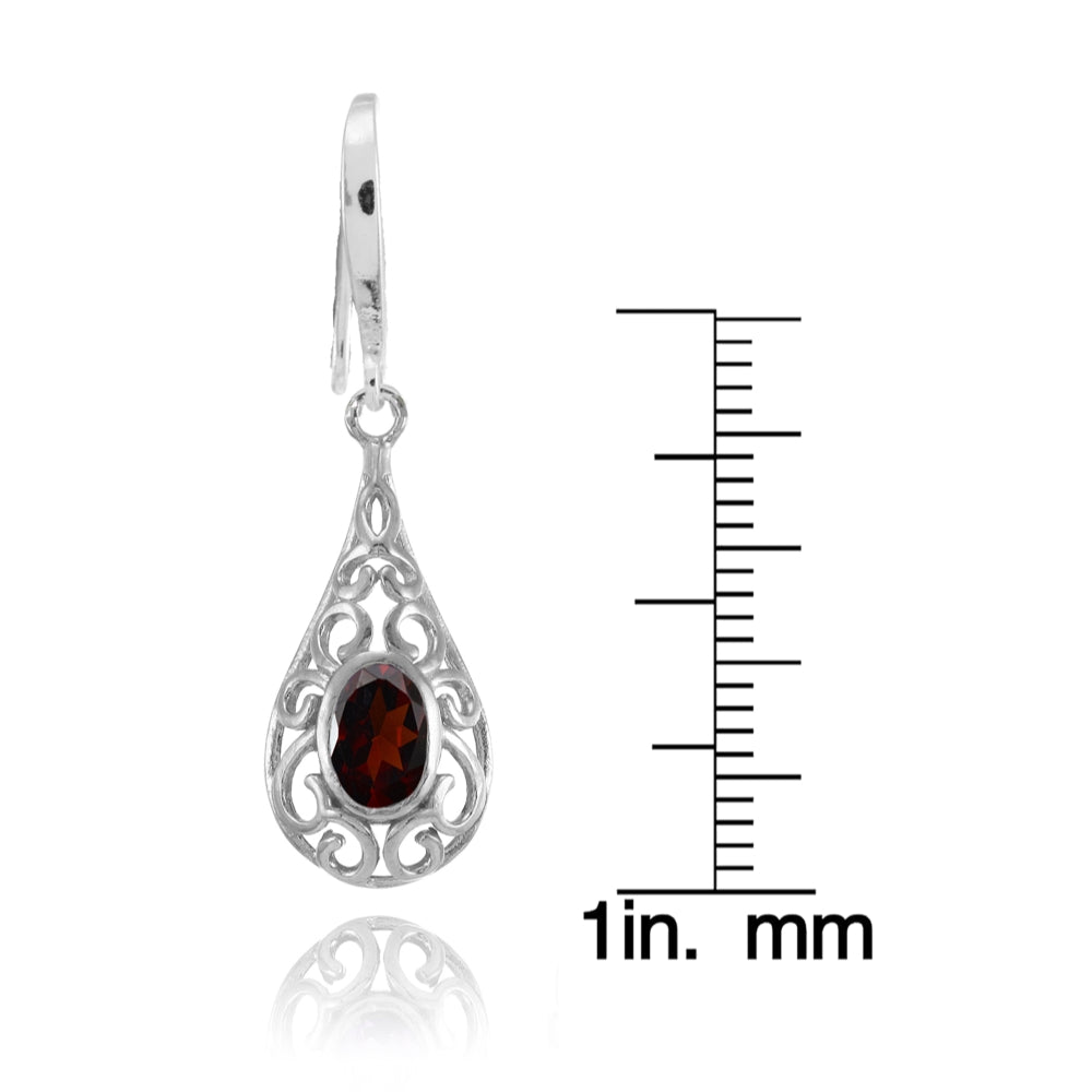 Sterling Silver Garnet 6x4mm Oval Filigree Teardrop Dangle Earrings-4