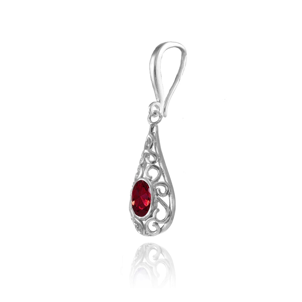 Sterling Silver Created Ruby 6x4mm Oval Filigree Teardrop Dangle Earrings-3