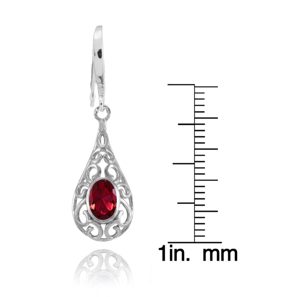 Sterling Silver Created Ruby 6x4mm Oval Filigree Teardrop Dangle Earrings-4