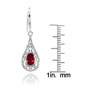 Sterling Silver Created Ruby 6x4mm Oval Filigree Teardrop Dangle Earrings