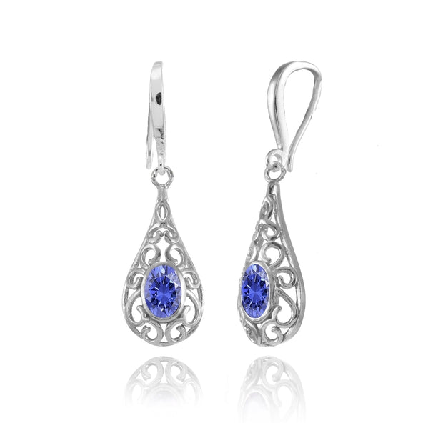 Sterling Silver Tanzanite 6x4mm Oval Filigree Teardrop Dangle Earrings