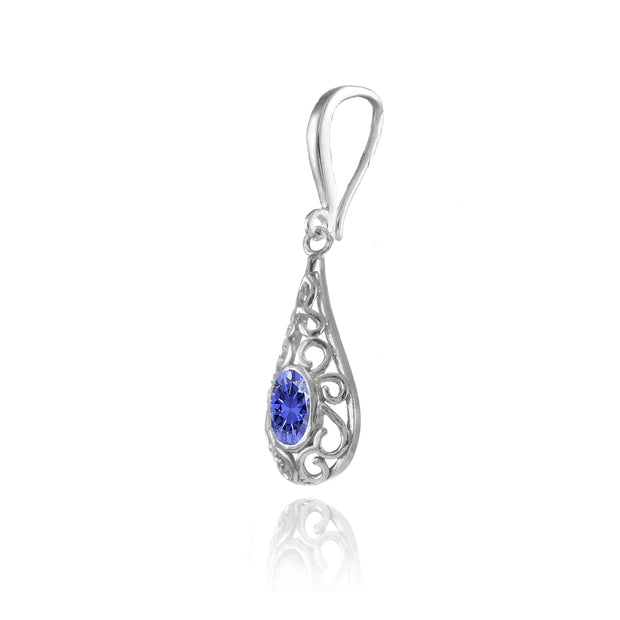 Sterling Silver Tanzanite 6x4mm Oval Filigree Teardrop Dangle Earrings