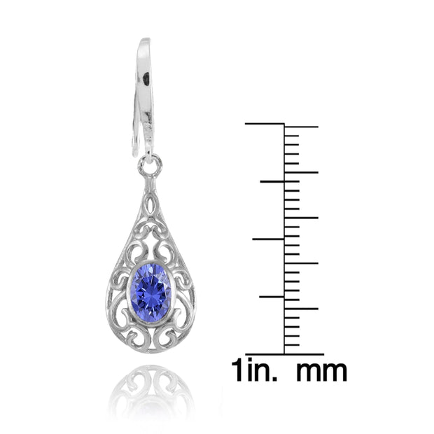 Sterling Silver Tanzanite 6x4mm Oval Filigree Teardrop Dangle Earrings