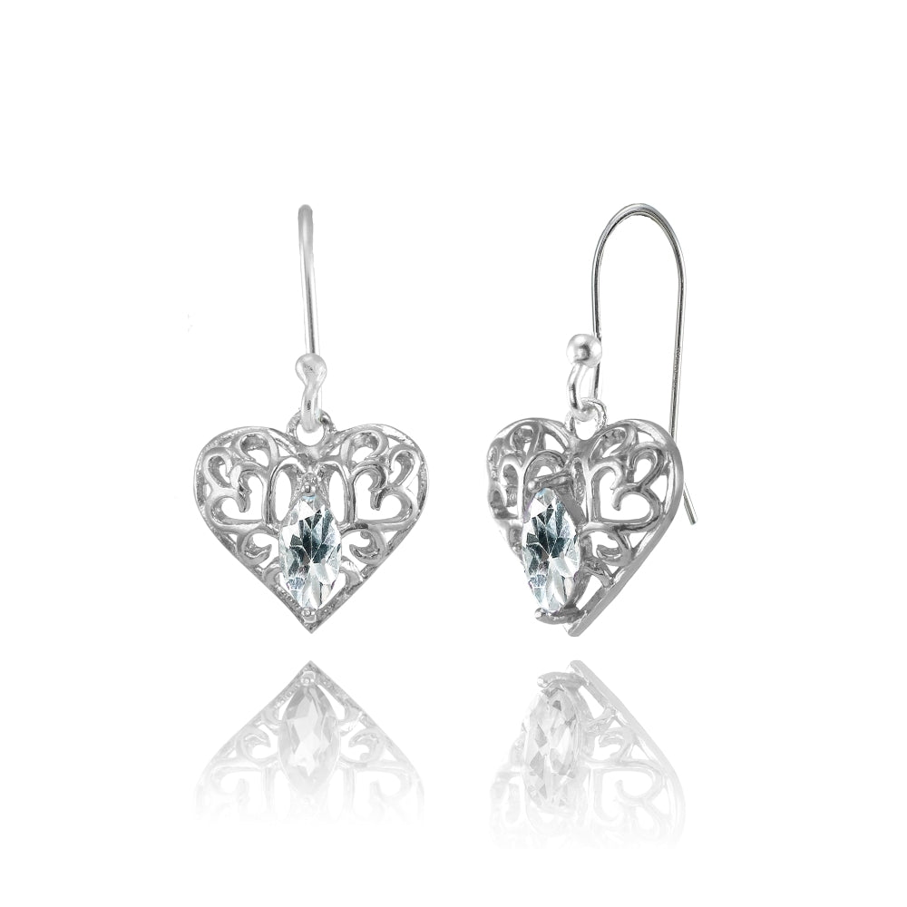 Sterling Silver Aquamarine 6x3mm Marquise Heart Filigree Dangle Earrings
