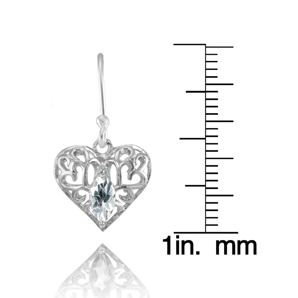 Sterling Silver Aquamarine 6x3mm Marquise Heart Filigree Dangle Earrings-4
