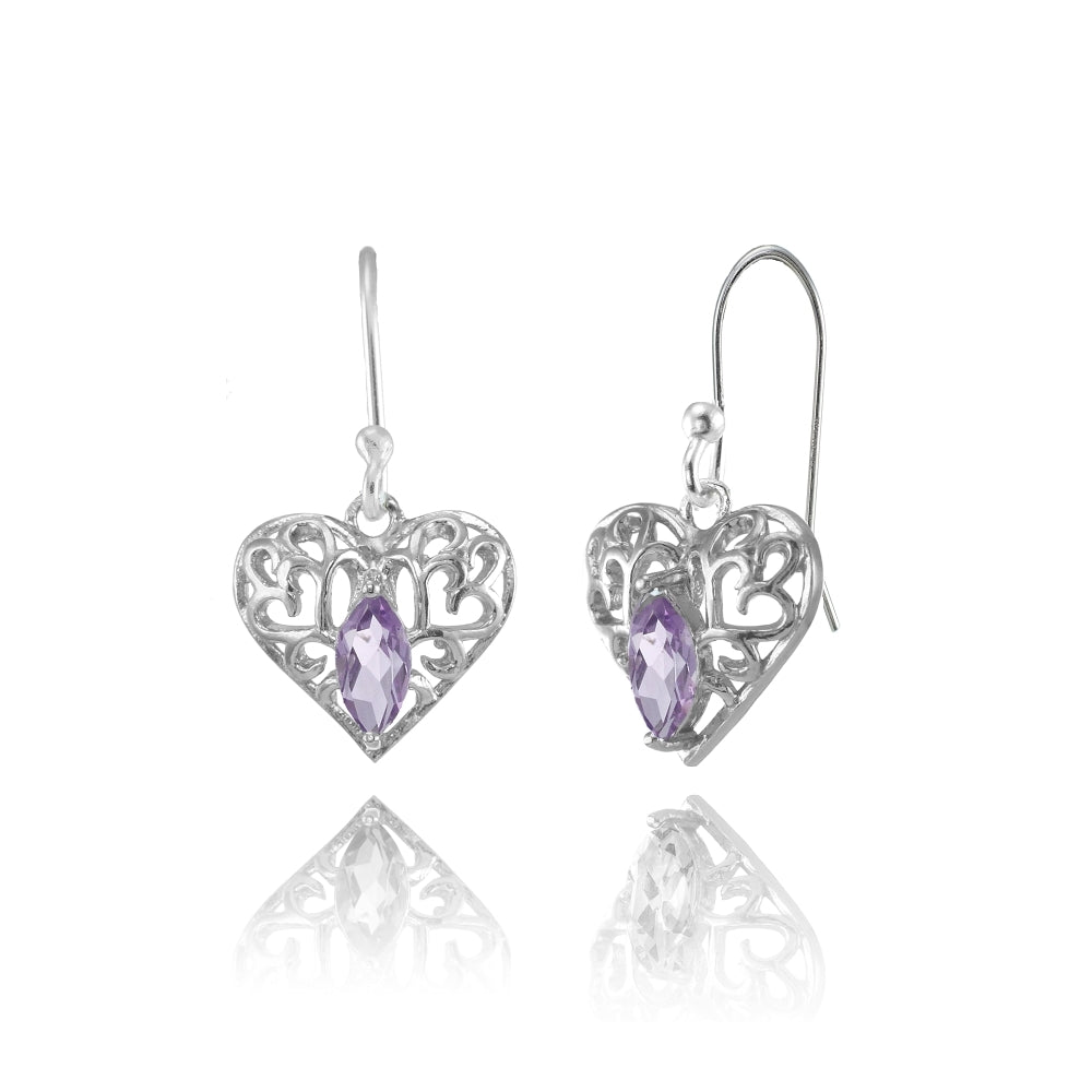 Sterling Silver Amethyst 6x3mm Marquise Heart Filigree Dangle Earrings