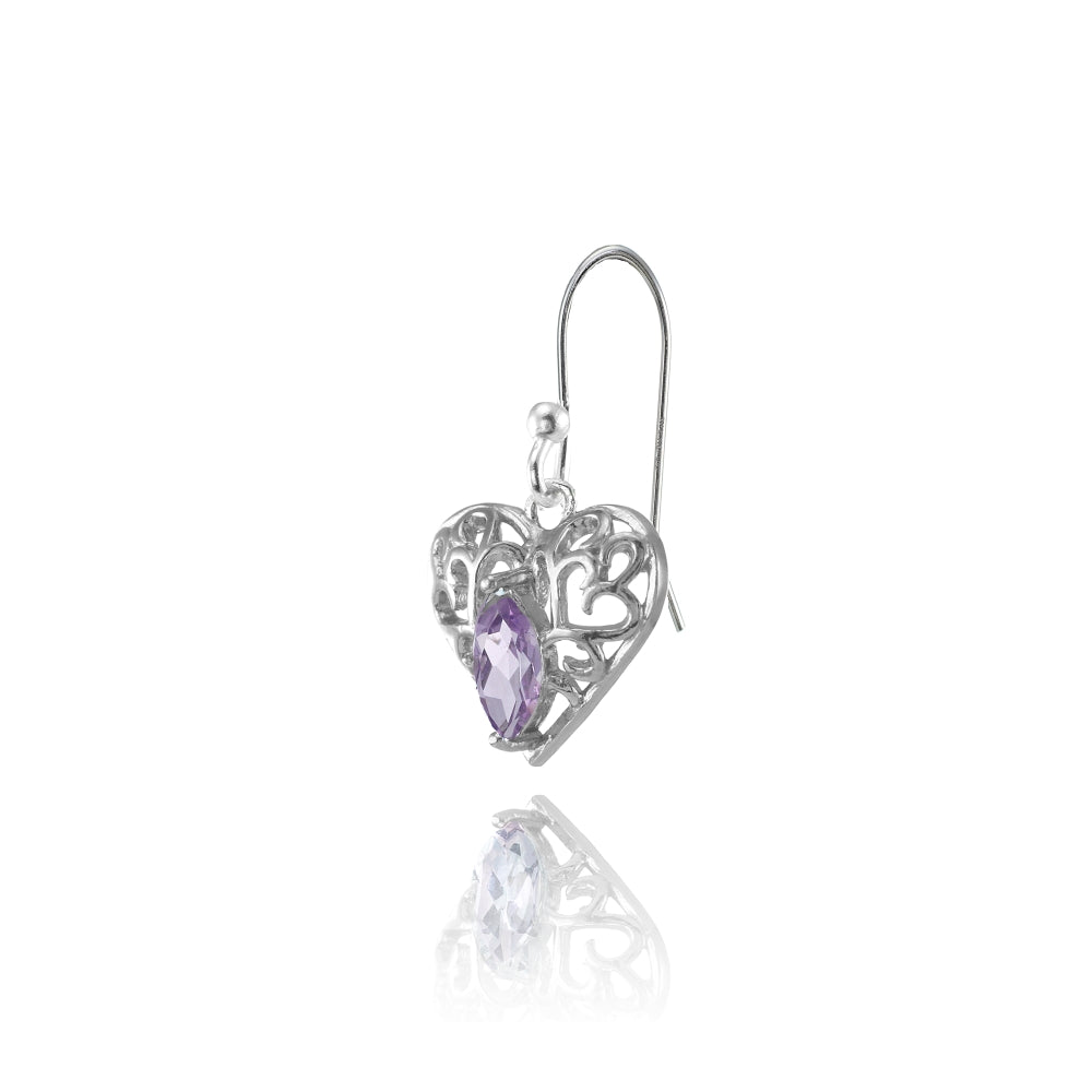 Sterling Silver Amethyst 6x3mm Marquise Heart Filigree Dangle Earrings-3