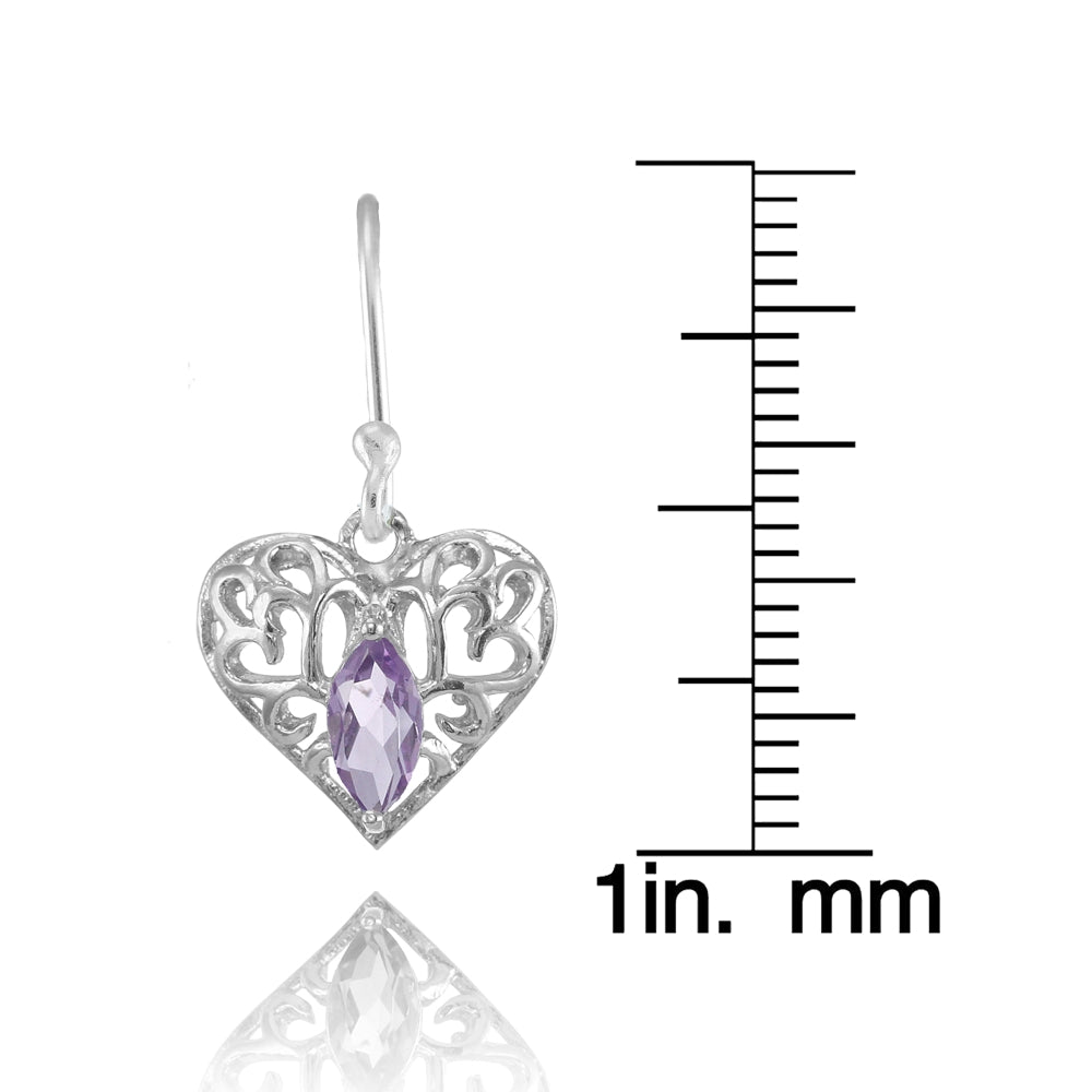 Sterling Silver Amethyst 6x3mm Marquise Heart Filigree Dangle Earrings-4