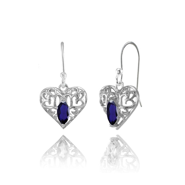 Sterling Silver Created Blue Sapphire 6x3mm Marquise Heart Filigree Dangle Earrings
