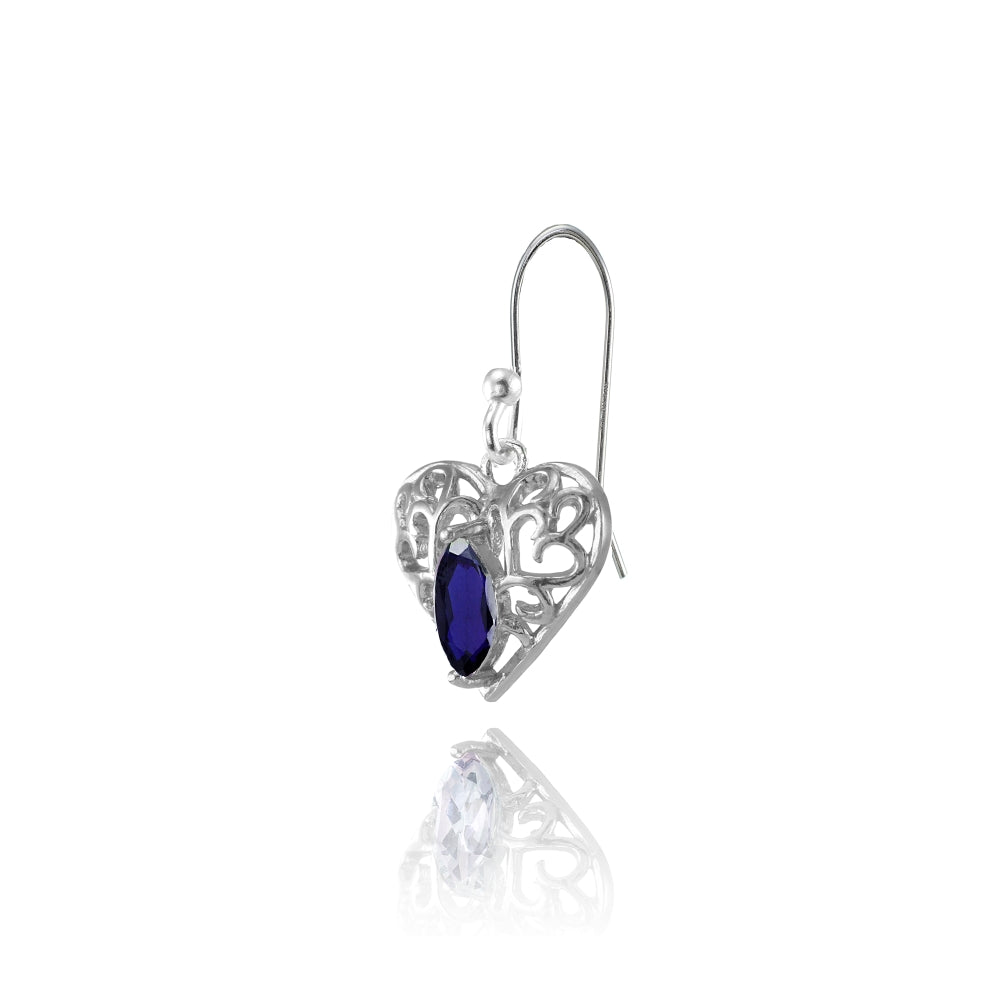 Sterling Silver Created Blue Sapphire 6x3mm Marquise Heart Filigree Dangle Earrings-3