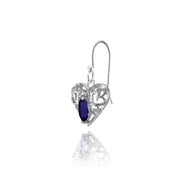 Sterling Silver Created Blue Sapphire 6x3mm Marquise Heart Filigree Dangle Earrings