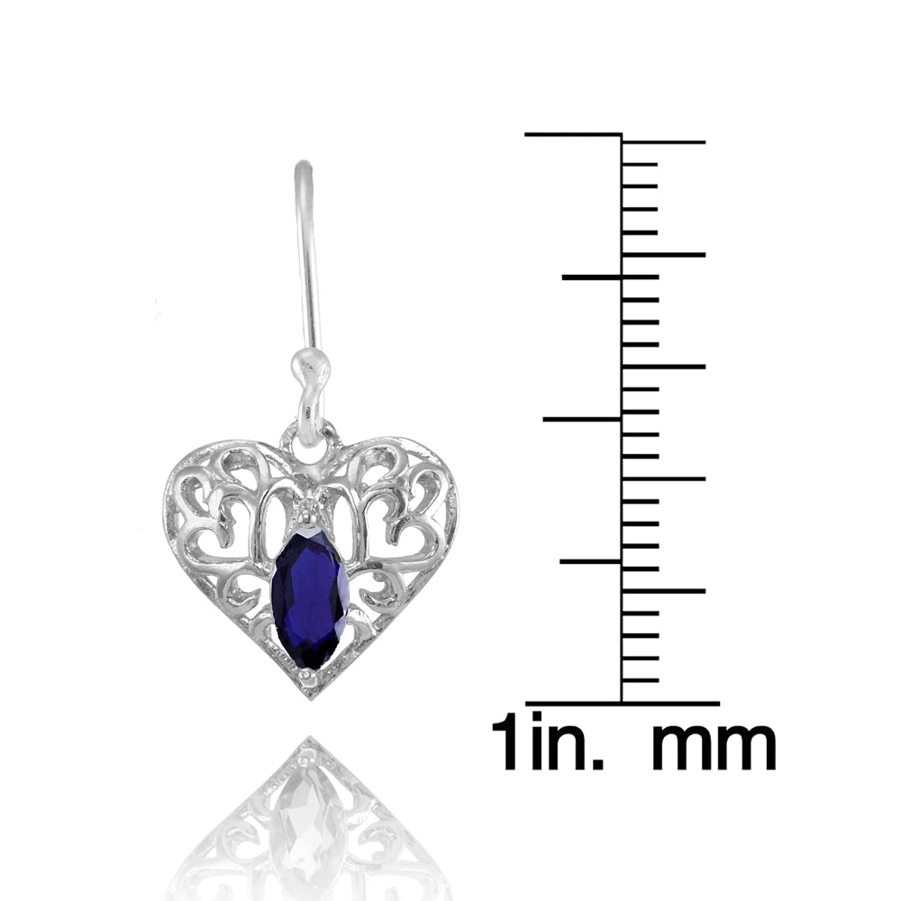 Sterling Silver Created Blue Sapphire 6x3mm Marquise Heart Filigree Dangle Earrings-4