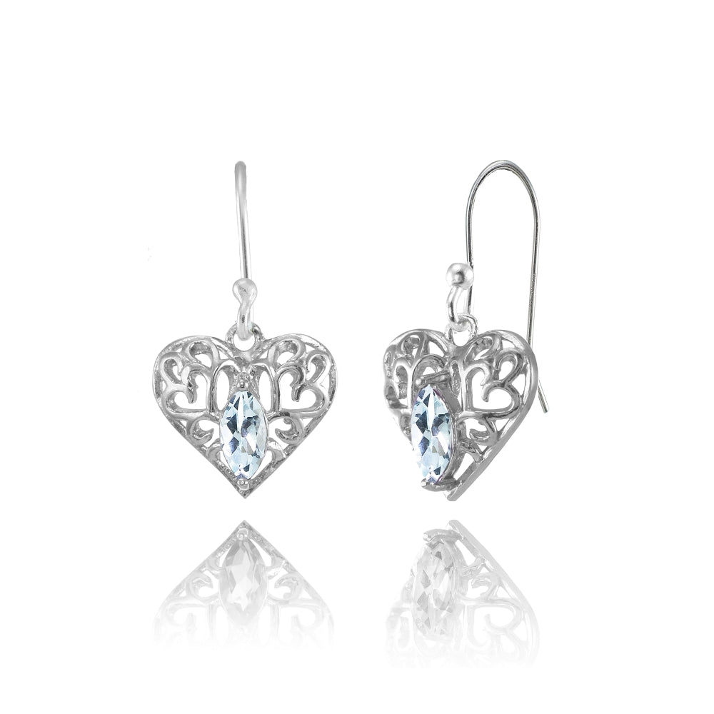 Sterling Silver Blue Topaz 6x3mm Marquise Heart Filigree Dangle Earrings