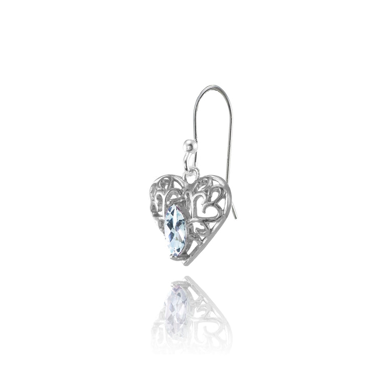 Sterling Silver Blue Topaz 6x3mm Marquise Heart Filigree Dangle Earrings