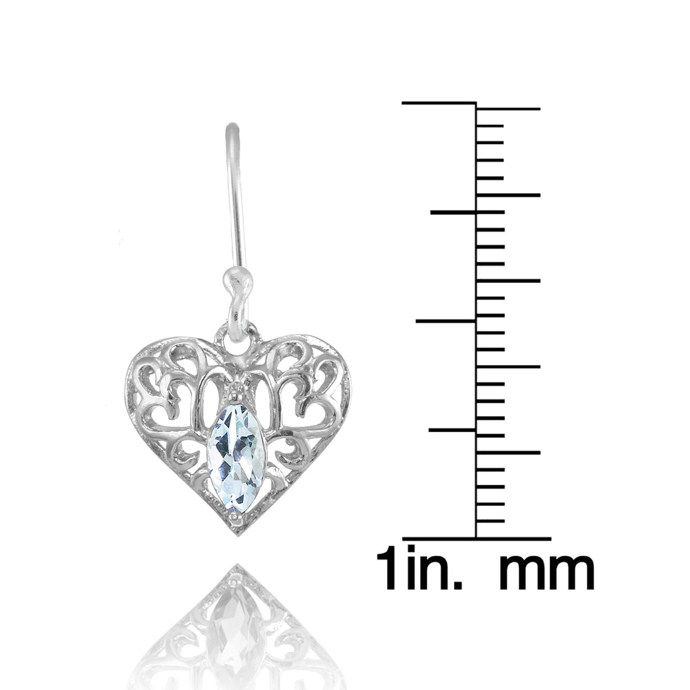 Sterling Silver Blue Topaz 6x3mm Marquise Heart Filigree Dangle Earrings-4