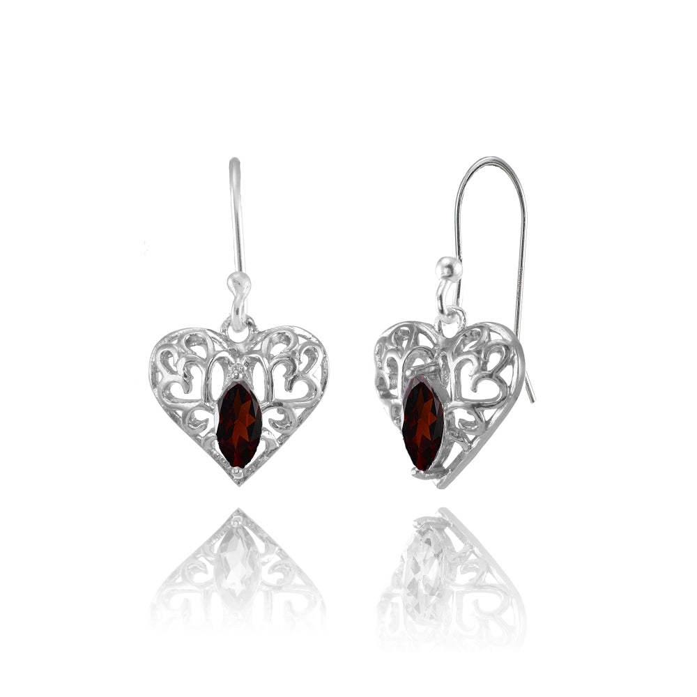 Sterling Silver Garnet 6x3mm Marquise Heart Filigree Dangle Earrings