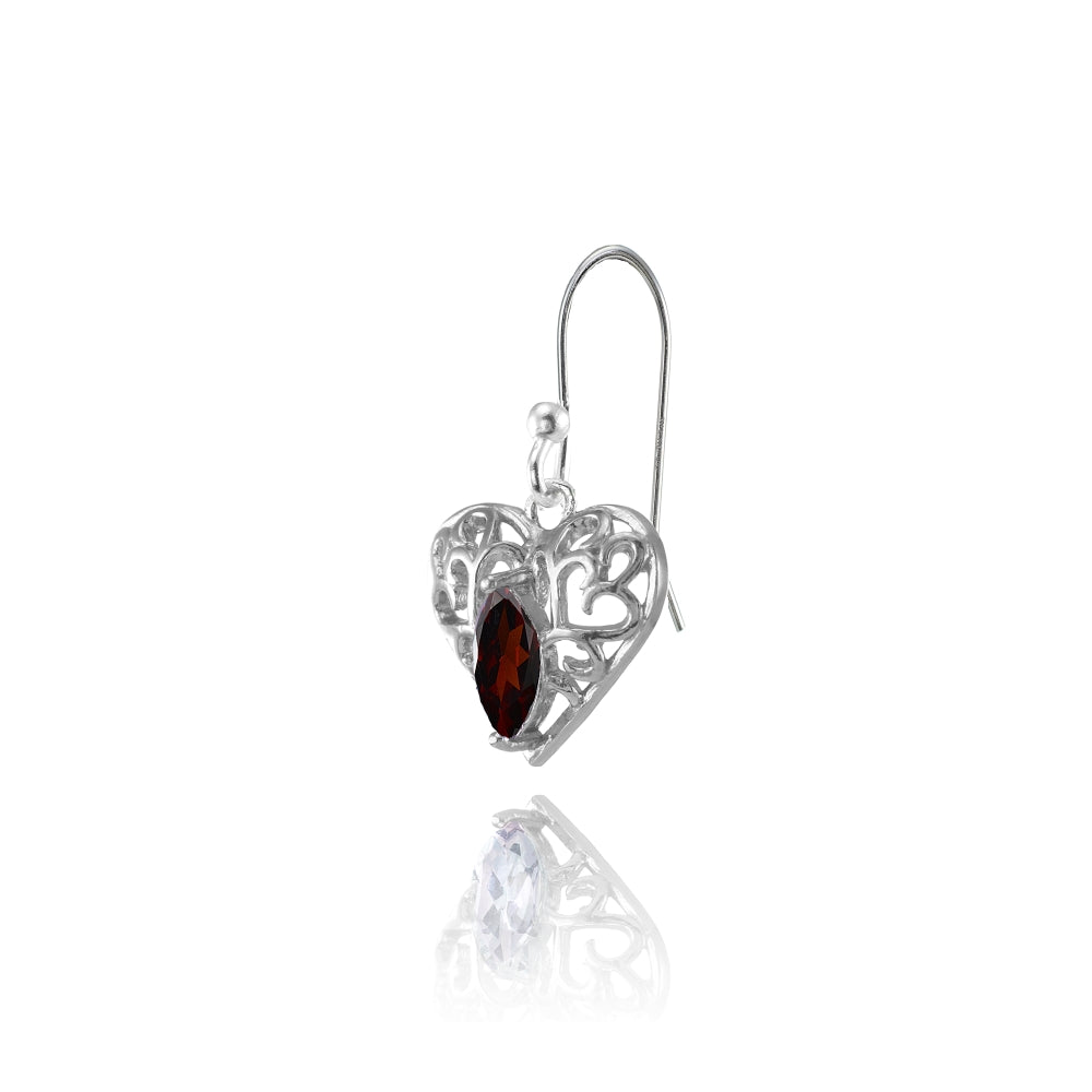 Sterling Silver Garnet 6x3mm Marquise Heart Filigree Dangle Earrings-3