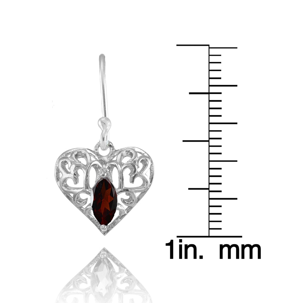 Sterling Silver Garnet 6x3mm Marquise Heart Filigree Dangle Earrings-4