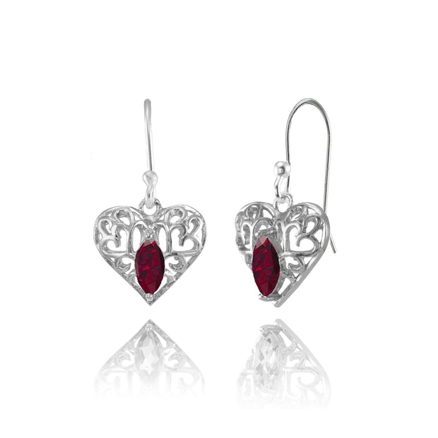 Sterling Silver Created Ruby 6x3mm Marquise Heart Filigree Dangle Earrings