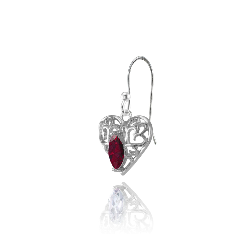 Sterling Silver Created Ruby 6x3mm Marquise Heart Filigree Dangle Earrings-3