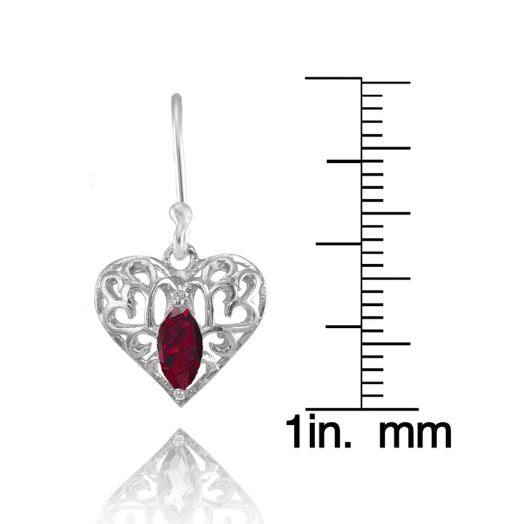 Sterling Silver Created Ruby 6x3mm Marquise Heart Filigree Dangle Earrings