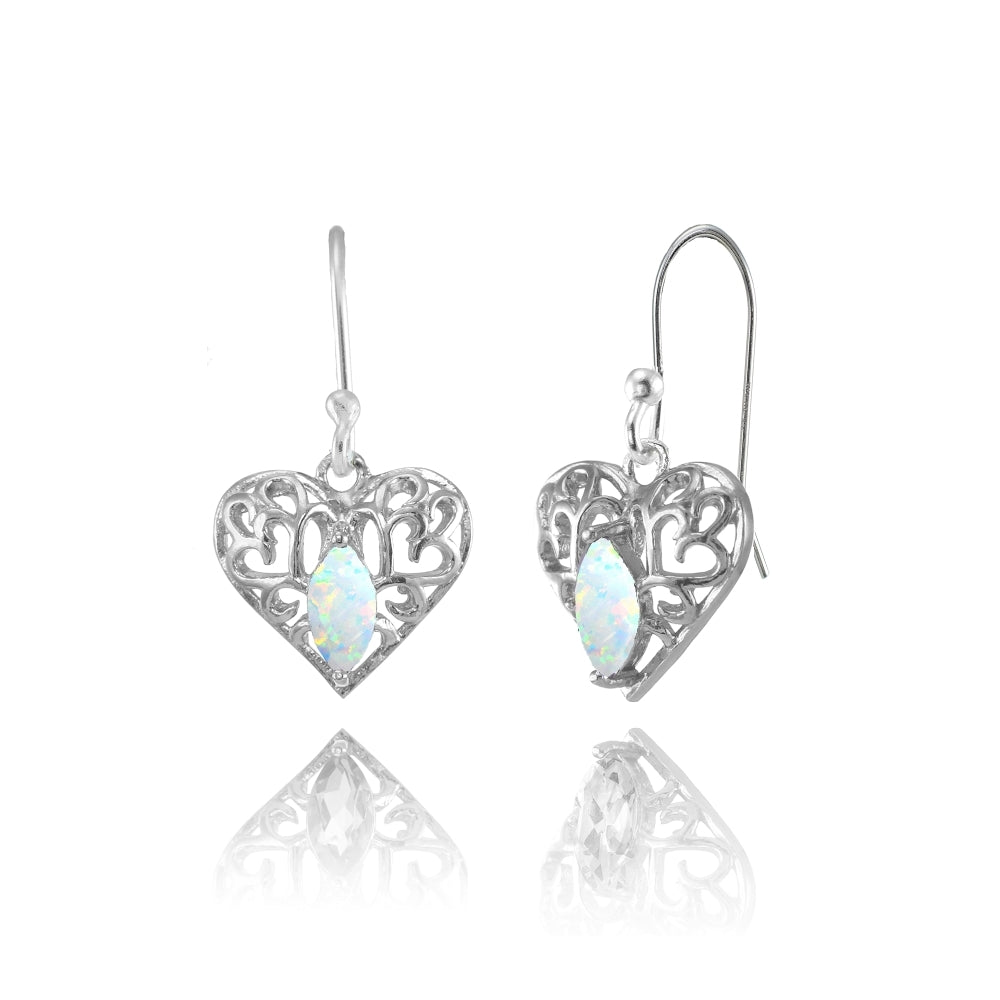 Sterling Silver Created White Opal 6x3mm Marquise Heart Filigree Dangle Earrings
