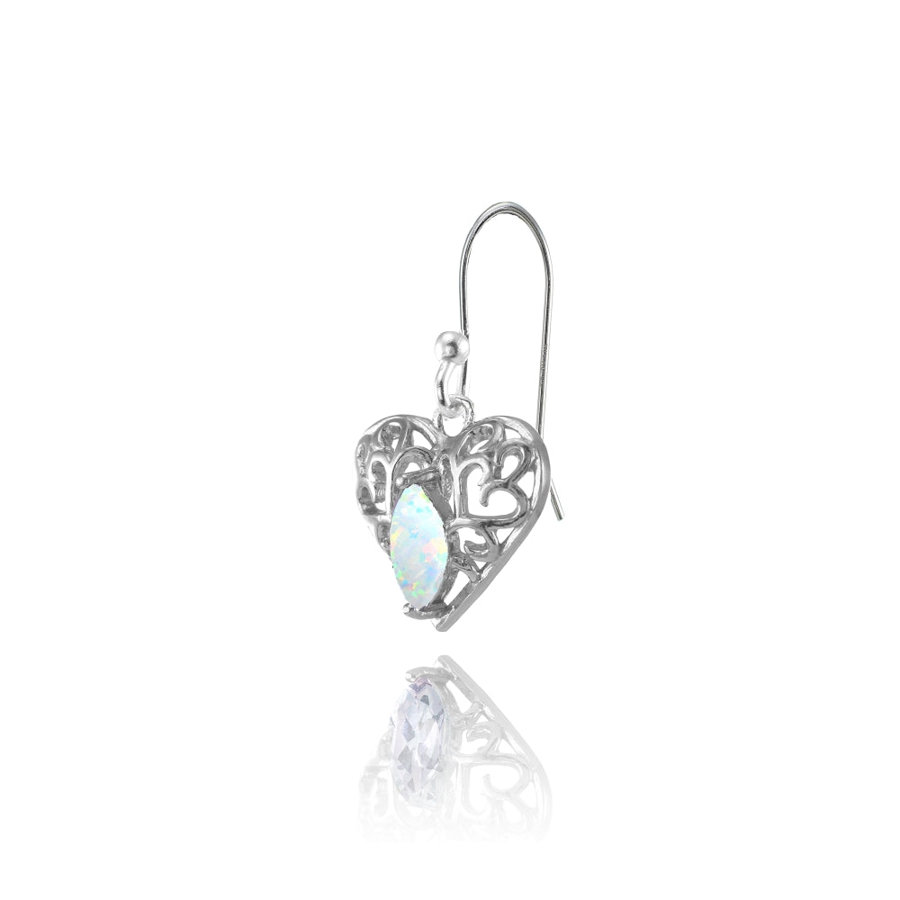 Sterling Silver Created White Opal 6x3mm Marquise Heart Filigree Dangle Earrings-3